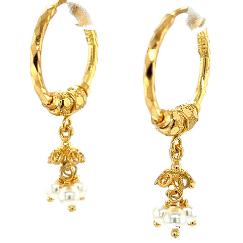 22K Gold Dangling Pearl Jhumka Hoop Earrings