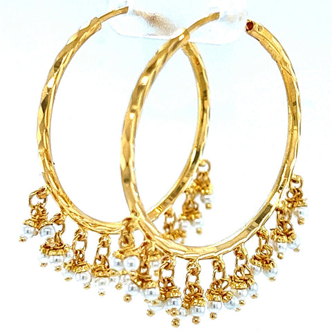 22K Gold Large Dangling Pearl Hoop Earrings