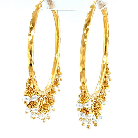 22K Gold Large Dangling Pearl Hoop Earrings