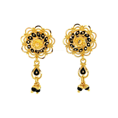 22K Gold Black Enamel and Flower Dangle Earrings