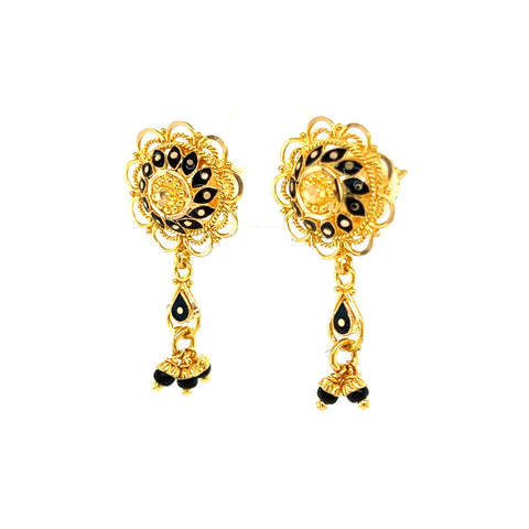 22K Gold Black Enamel and Flower Dangle Earrings