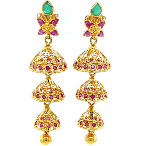 22K Gold Ruby and Emerald Jhumka Earrings