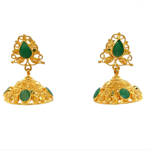 22K Gold Emerald Jhumka Filigree Earrings