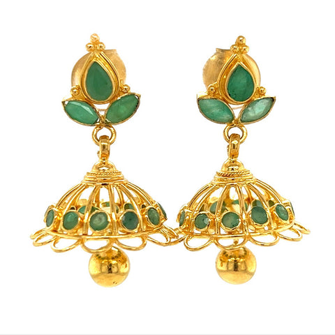 22K Gold Emerald Lotus Jhumka Earrings