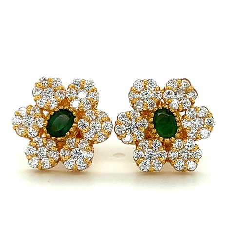 22K Gold Emerald and CZ Floral Daisy Earrings