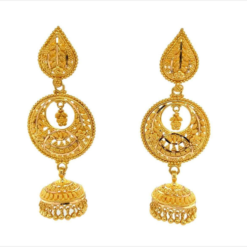 22K Gold Filigree Chandbali Earrings with Dangling Jhumka