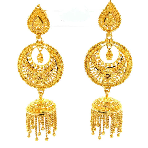 22K Gold Filigree Raindrop Jhumka Chandbali Earrings with Long Dangling Balls