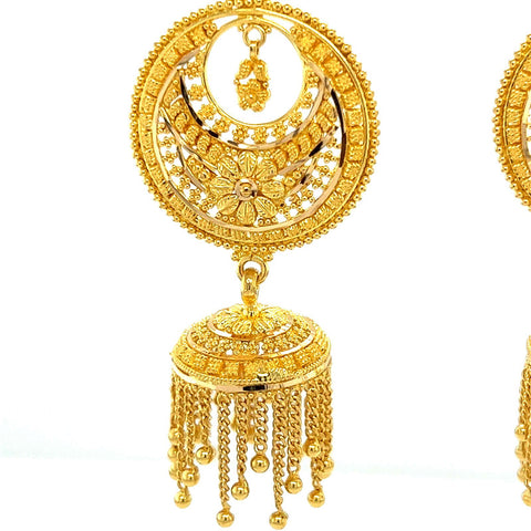 22K Gold Filigree Raindrop Jhumka Chandbali Earrings with Long Dangling Balls