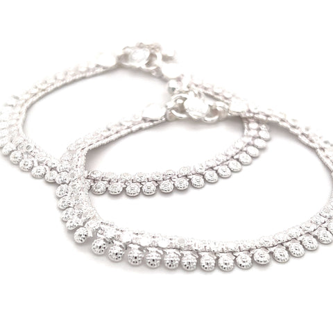 Silver 7 Inch Polished Flat Round Payal Anklet - Pair