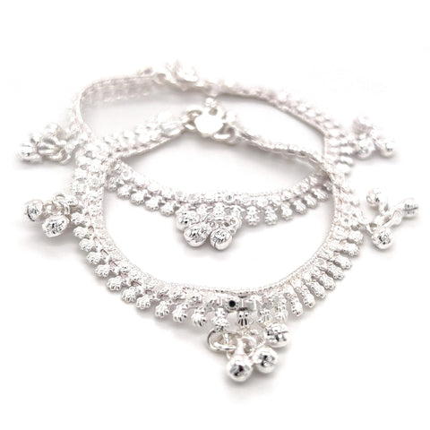 Kids' 5 Inch Silver Polished Scallop Payal Anklet with Bell Charms - Pair