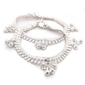 Kids' 6 Inch Silver Polished Scallop Payal Anklet with Bell Charms - Pair