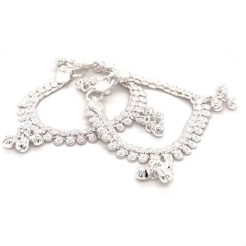 Kids' 5 Inch Silver Polished Floral Payal Anklet with Bell Charms - Pair
