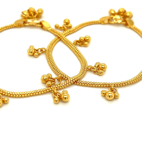 Kid's 22K Gold Ornate Dangling Ball Anklet - Pair