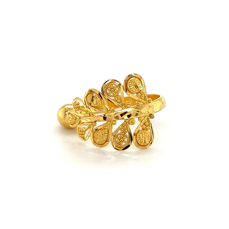 22K Gold Polished Bead and Leaf Ring