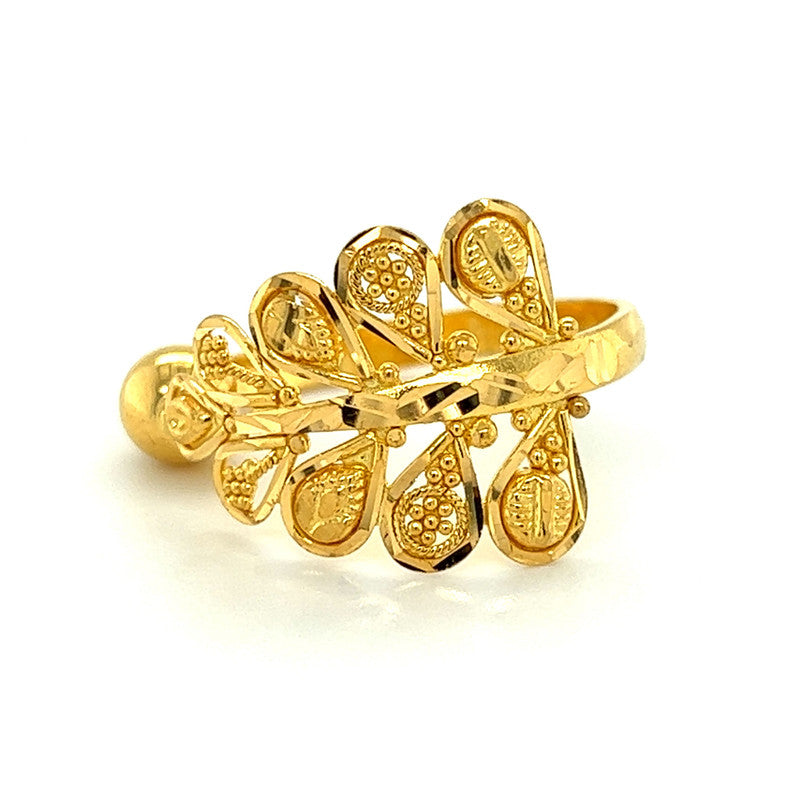 22K Gold Polished Bead and Leaf Ring