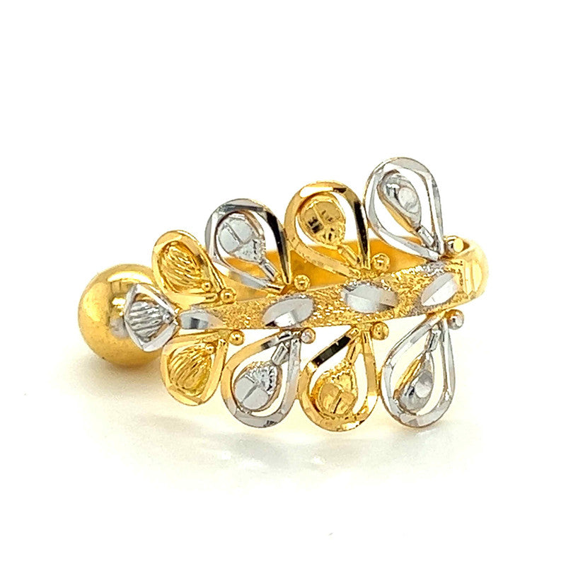 22K Gold Two Tone Polished Bead and Leaf Ring