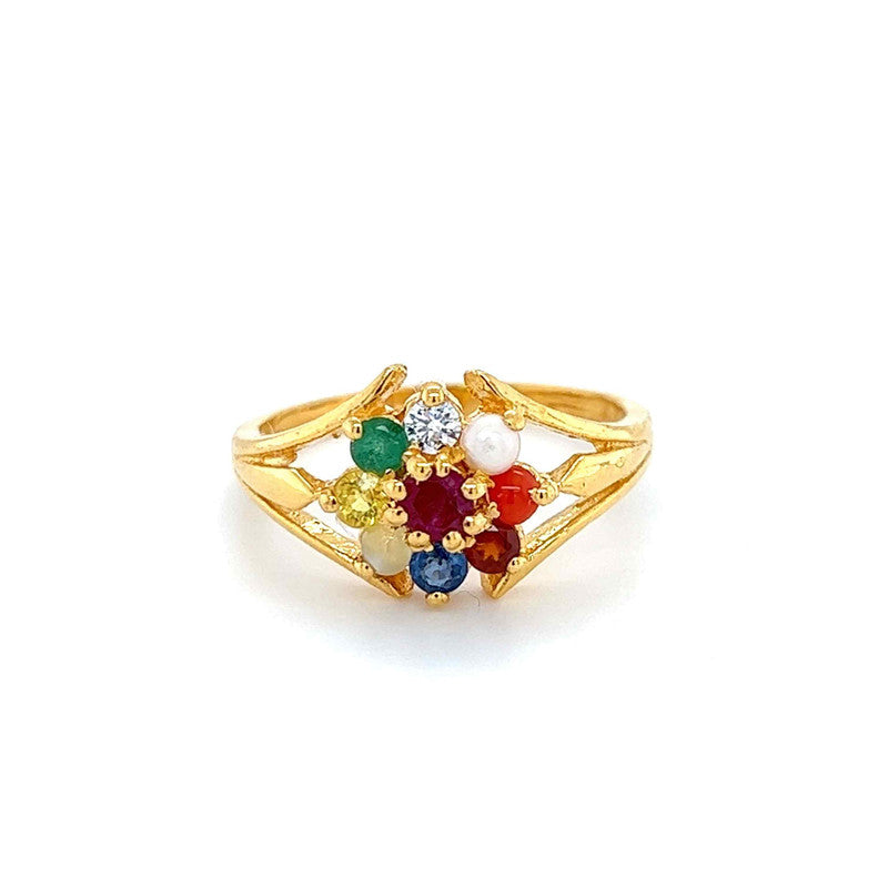 22K Gold Navratna Stones Flower Ring