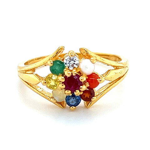 22K Gold Navratna Stones Flower Ring