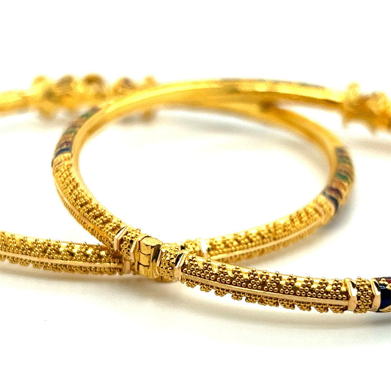 22K Gold Ornate Meena Kari Lightweight Lady Hinge Bangles - Pair