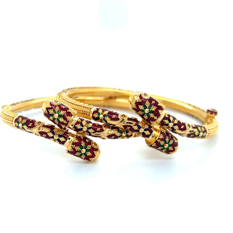 22K Gold Meena Kari Twisting Hinge Bangles - Pair