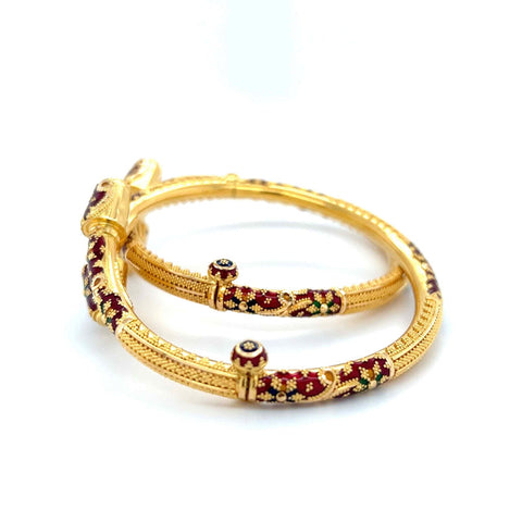 22K Gold Meena Kari Twisting Hinge Bangles - Pair