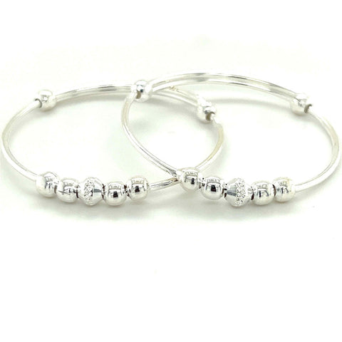 Kids' Sterling Silver Small Bead Adjustable Bangles - Pair