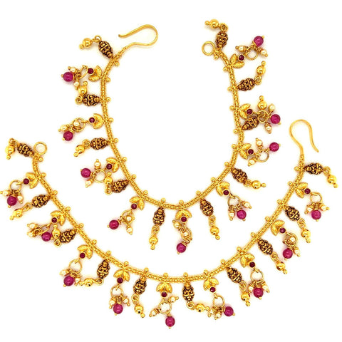 22K Gold Lakshmi and Pink Bead Ear Chain - Pair