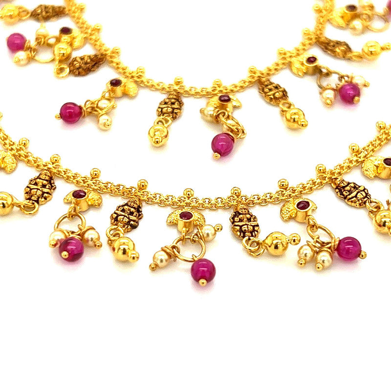 22K Gold Lakshmi and Pink Bead Ear Chain - Pair