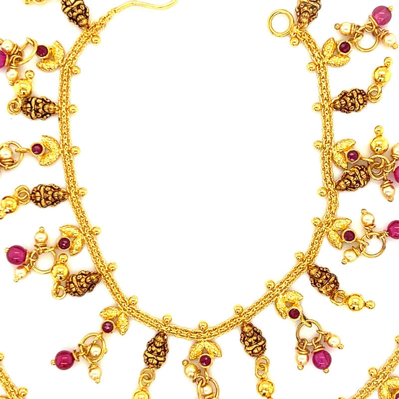 22K Gold Lakshmi and Pink Bead Ear Chain - Pair