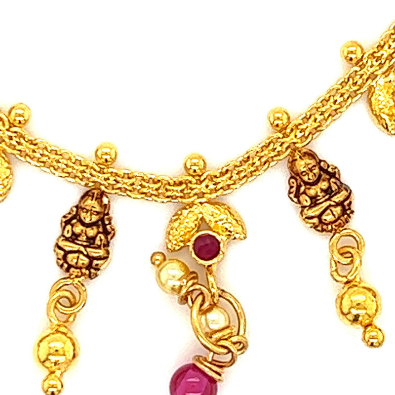 22K Gold Lakshmi and Pink Bead Ear Chain - Pair