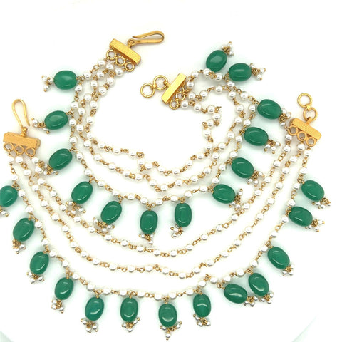22K Gold Three Chain Pearl and Green Bead Dangling Ear Chain - Pair