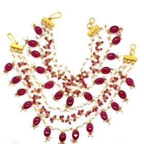 22K Gold Three Chain Pearl and Red Bead Dangling Ear Chain - Pair