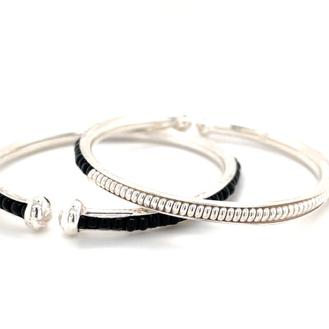 Kids' Sterling Silver with Black Beads Adorned Open Hinge Bangles - Pair
