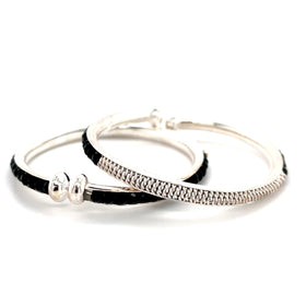 Kids' Sterling Silver with Black Crystals Flexible Open Bangles - Pair